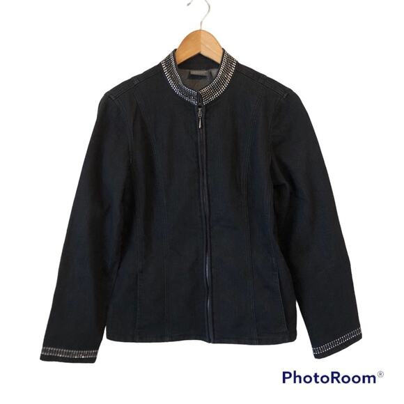 Chico’s Studded Jean Jacket Women’s Medium Black Stretch Zip Up Denim Old Money - Picture 1 of 12